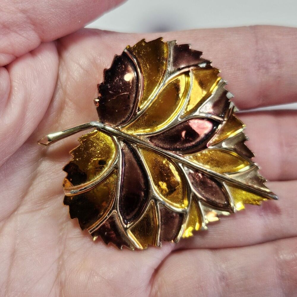 *Sale* Gold Tone Burgundy Yellow Fall Colors Leaf Brooch